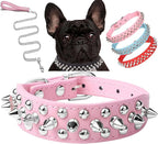 Spiked Dog Collar Soft Pu Leather Mushrooms Rivet Spike Studded Puppy Adjustable Pet Collars for Small Breeds (XS, Pink Set)