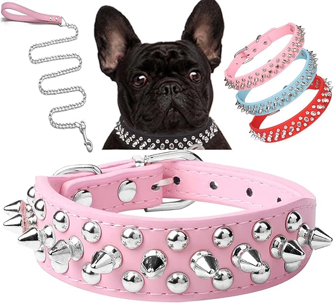 Spiked Dog Collar Soft Pu Leather Mushrooms Rivet Spike Studded Puppy Adjustable Pet Collars for Small Breeds (XS, Pink Set)