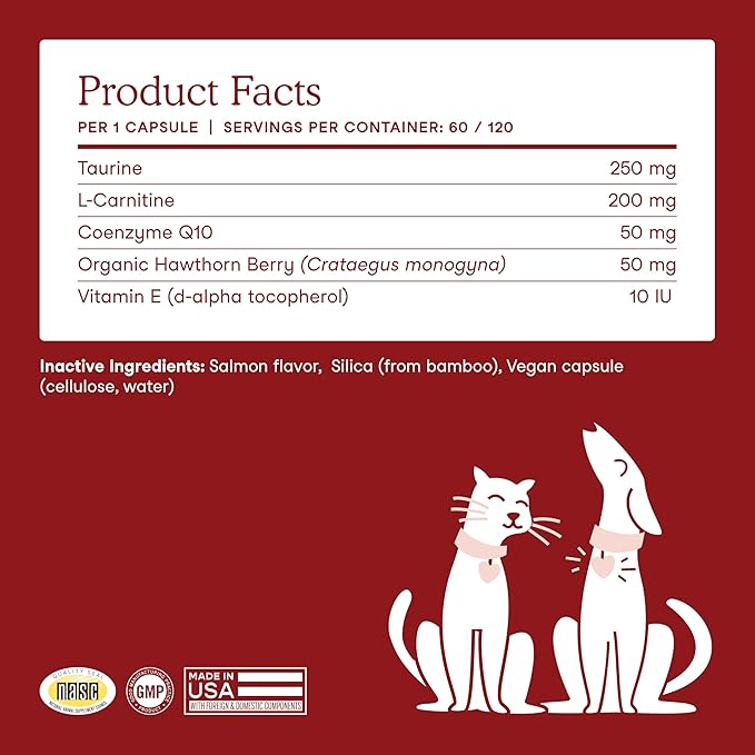 Fera Pets Cardiac Support - Cat & Dog Heart Supplement with Taurine, L-Carnitine, & CoQ10 - Promotes Normal Circulation and Heartbeat - 120 Capsules