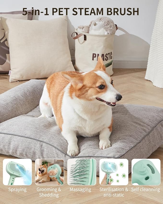 Dog Steam Brush 5 in 1 Cat Brush with Steam and Release Button Grooming Tool for Indoor Pets Cat Hair Removal Shedding Water for Small Animals Long Short Haired(GREEN)