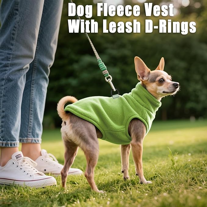 Idepet Dog Fleece Vest Sweater Zip Up Warm Pullover Dogs Jacket with D-Ring Leash Winter Cold Weater Coat Pet Sweatershirt Clothes Hoodie for Small Medium Dogs Boy Girl(Green,XXS)