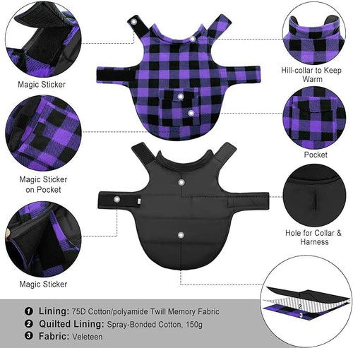 ASENKU Dog Jacket Plaid Reversible Reversible Dog Vest Waterproof Cold Winter Clothes Pet Apparel for Small Medium Large Dogs (M, Purple)