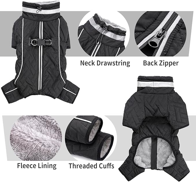 Four Legged Dog Winter Coat for Small Dogs, Warm Puppy Onesie Clothes Christmas, Reflective Turtleneck Dog Jacket with Buckles & D-Rings, Puffer Cold Weather Coat Zipper