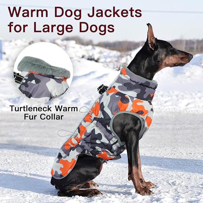 Dog Coat Dog Winter Jacket-Large, Warm Dog Coat Zip Up Snowsuit Dog Harness Vest Reflective Water-Resistant Dog Coat Dog Snow Jacket for Large Dogs French Bulldog, Pug, Orange-Camouflage