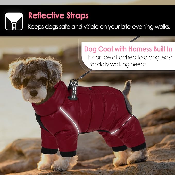 AOFITEE Dog Coat, Waterproof Dog Winter Jacket, Warm Fullbody Small Dogs Snowsuit, Winter Coat for Small Dogs, Zip Up Pet Puffer Jacket Fleece Vest, Outdoor Reflective Pet Snow Jackets, Christmas Red