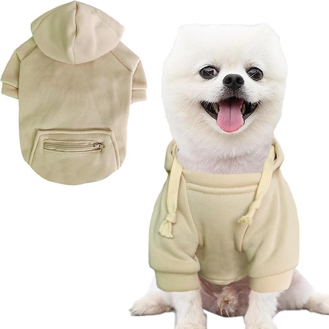 Jecikelon Pet Dog Cold Weather Coat with Pocket Winter Dog Hoodie Warm Puppy Clothes for Small Dogs Chihuahua Clothing (Beige, Small)