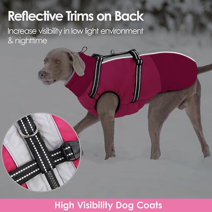 AOFITEE Dog Coat for Small Dogs, Warm Dog Winter Jacket with Harness Built in, Waterproof Small Winter Coat Dogs Reflective Cold Weather Coats for Chihuahua, Yorkshire, Hot Pink XS