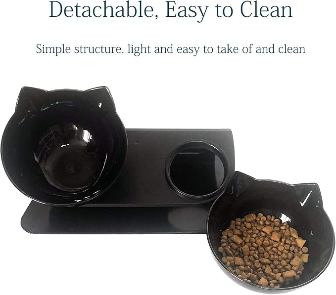 Luck Dawn Double Elevated Cat Bowls with Raised Stand, 15 Tilted cat Bowl Design Neck Guard Stand Raised Pet Food Water Feeder Bowl for Cats or Small Dogs