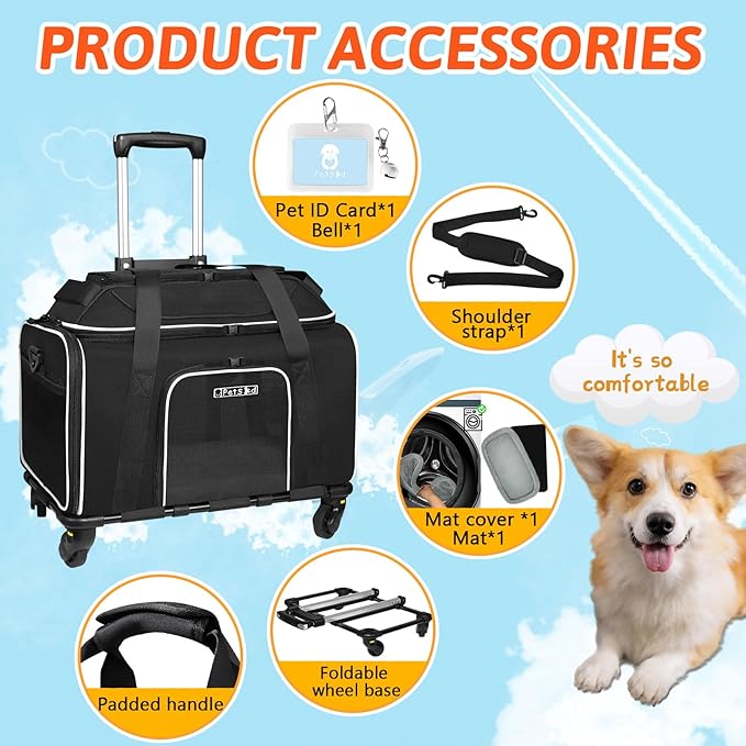 Petskd Top-Expandable Pet Carrier with Wheels 18x13x9.5 Inches Southwest Airline Approved, Soft-Sided Carrier for Small Cats Dogs with Locking Safety Zippers and Anti-Scratch Mesh(Black)