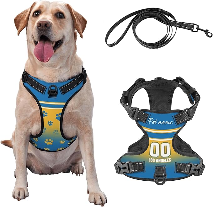 Custom Los Angeles Dog Harness with Reflective Stripes Personalized Name and Number Dog Vest Harness with Pet Traction Rope for Small Medium Large Dog
