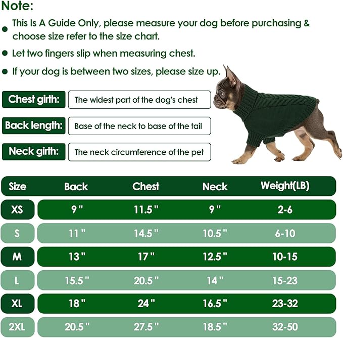 Dog Sweaters for Medium Dogs Classic Turtleneck Dog Christmas Sweater Thick Warm Pullover Male Puppy Pet Stretch Knitwear Fall Winter Clothes with Leash Hole(Green, M)