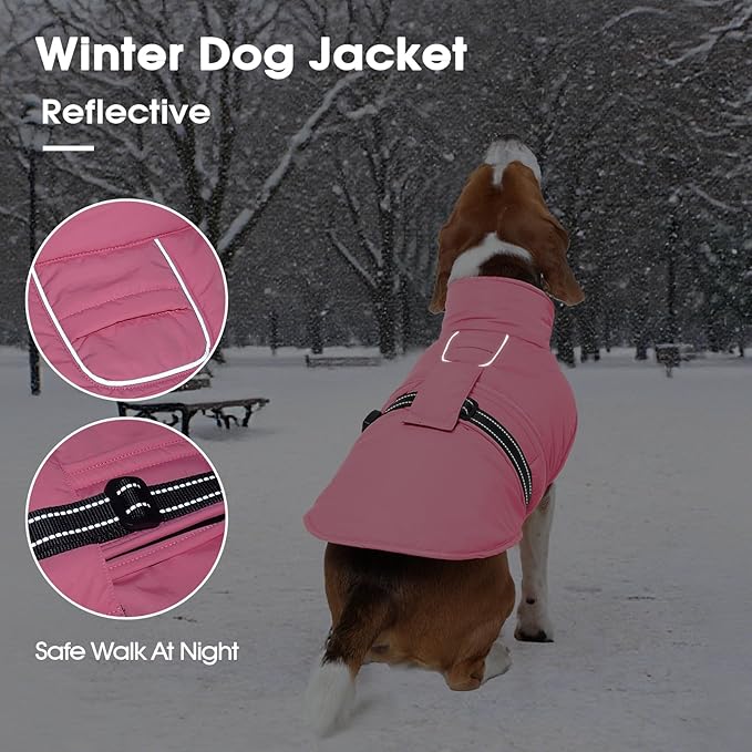 IECOii Dog Cold Weather Coats - Reflective, Adjustable & Windproof Snow Jacket for French Bulldog & Corgi, Waterproof Warm Vest with Fleece Lining for Outdoor Adventures, Pink, Size L