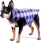 The Worthy Dog Fargo Fleece Check Dog Jacket, Adjustable Reversible with Harness Hole, Wind-Resistant, Winter Outdoor Clothes for Pets, Purple - 8''