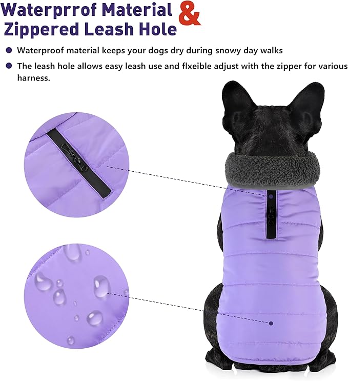 Dog Winter Coat, Waterproof Dog Jacket with Leash Hole, Reflective Adjustable Pet Snow Vest, Warm Fleece Sweater for Small Medium Large Dogs - Light Purple, XL
