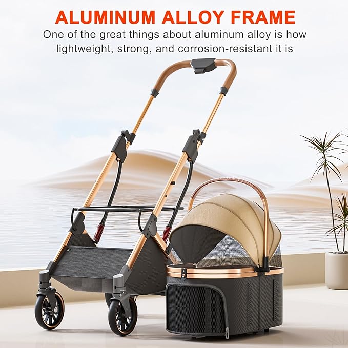 Dog Stroller with 4 Wheels, Folding Pet Stroller for Small, Medium Dogs and Cats up to 50lbs, Detachable Carrier, Storage Basket, Car Seat 3 in 1 Multifunctional (Brown‌)