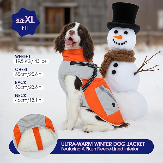 FUAMEY Dog Winter Jackets for Large Dogs,Dog Coat with Harness Built in,Waterproof Dogs Snowsuits Warm Pet Jacket Zip Up Fleece Cold Weather Coats Reflective Puppy Vest with Pocket Orange 3XL