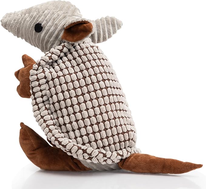 Hollypet Plush Dog Squeaky Toy Stuffed Armadillo Animal Pet Puppy Chew Toys with Clean Teeth for Small Medium Large All Breed Sizes Dogs, Gray, 10 in
