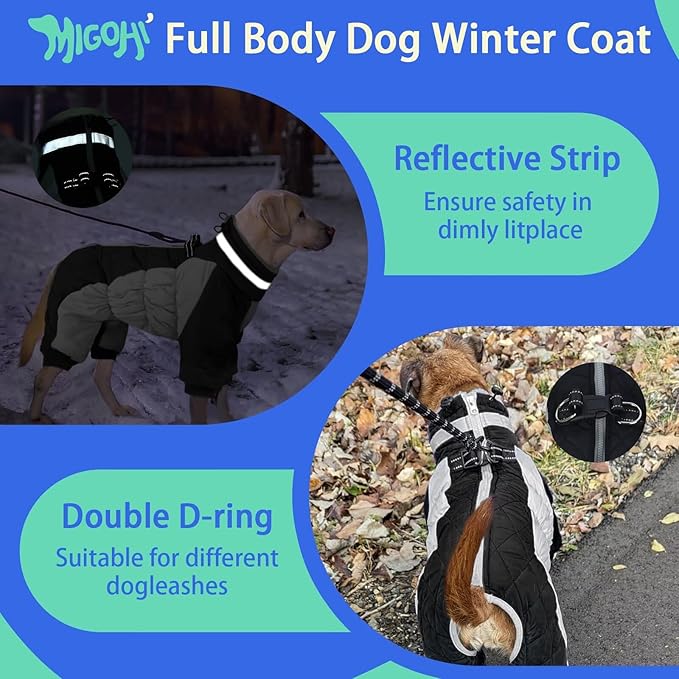 MIGOHI Full Body Dog Coat - Warm Reflective Winter Coat for Medium Dogs with Harness,Turtleneck Dog Fleece Jacket,Four-Leg Windproof Puffer Jackets Snowsuit with Zipper for Small Medium Large Dogs,L