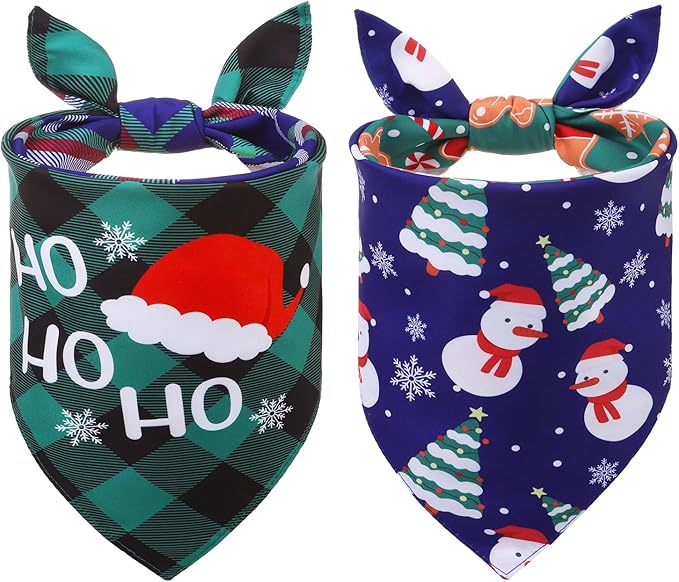 SCENEREAL Christmas Dog Bandanas 2 Pack, Puppy Snowman Xmas Triangle Bibs Handkerchief, Reversible Holiday Dog Bandana for Boy and Girl, Premium Pet Scarf for Small Medium Large Dogs XL