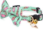 2 Pack Cotton Cat Collar with Bow Tie and Bell for Girl Boy Cats,Cute Pink Flamingo and Blue Whale Pattern Spring Summer Breakaway Cat Collar for Male Female Cats (Ice Cream)