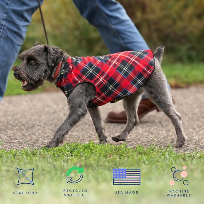 Goldpaw Stretchy Fleece Jacket for Small Dogs - Super Soft, Warm Dog Sweater - Pet Sweater Vest for Fall and Winter - Canine Clothes Made in The USA - Machine Washable - Mulberry Plaid - Size 26