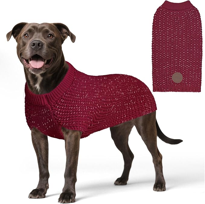 KYEESE Dog Sweater with Leash Hole Warm Pullover with Reflective Yarn for Small and Medium Dogs Male Soft Knit Pullover Boy Dog Coats Cozy Lightweight Thick Sweater,Dark Red,Large