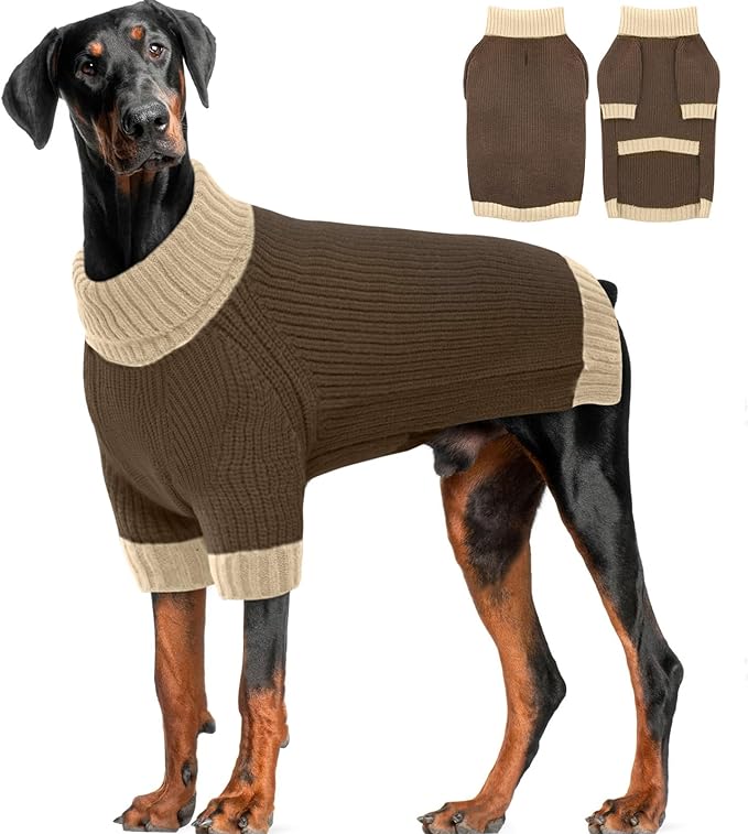 Extra Large Dog Sweater, Sleeve Turtleneck Sweater with Harness Hole, Christmas Pullover Sweaters for Dogs Boy Girl, Winter Dog Jumper for Rottweiler, Alaskan, Great Dane, Brown 4XL