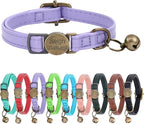 Cat Collar Breakaway, Personalized Leather Cat Collar with Bells-Adjustable Customized Collar with Name & Phone Number Tag for Girl Boy Cats-Quick Release Buckle for Cats & Kittens(Purple)