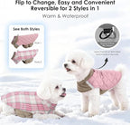 Quilted Dog Winter Coat, Plaid Lined Reversible Vest, Reflective Safety Strip, Cold Weather Pet Apparel Pink XS