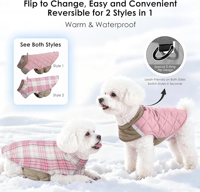 Quilted Dog Winter Coat, Plaid Lined Reversible Vest, Reflective Safety Strip, Cold Weather Pet Apparel Pink S