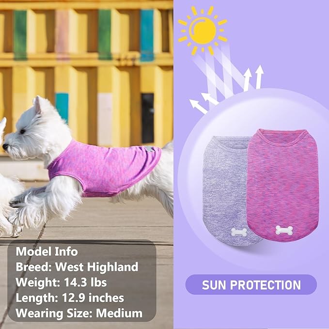KYEESE 2 Pack Dog Shirts Quick Dry Soft Stretchy Sun Protection Dog T-Shirts with Reflective Label Tank Top Sleeveless Vest Pet Clothes for Small Medium Pet, Large, Purple+Pink
