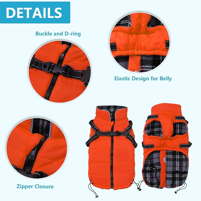 Geyecete Winter Warm Coat Waterproof Dog Winter Jacket with Harness Traction Belt,Pet Outdoor Jacket Dog Autumn and Winter Clothes for Medium, Small Dog-Orange-XS