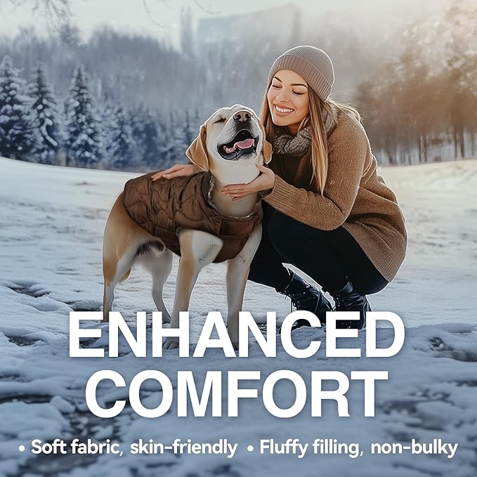 VIVAGLORY Softjoy Dog Coat, Dog Jacket for Winter & Christmas, Coat with Harness Hole & Velcro Closure, Reversible Plaid Checkered Warm Fluffy Heavy Duty for Puppy, S, Coffee