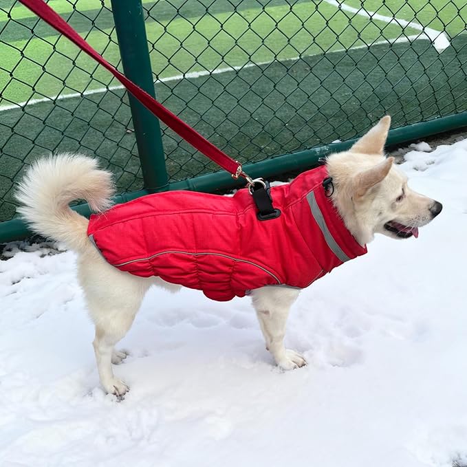 Malier Dog Coat, Reflective Dog Jacket Waterproof Windproof Puppy Cold Weather Coats with Harness Built in, Winter Extra Warm Pet Coat Fleece Vest for Small Large Pets and Puppy (Red, Medium)