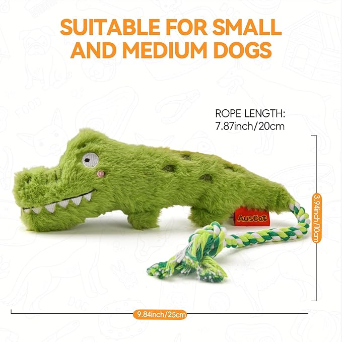 AUSCAT Plush Dog Rope Toy, Durable Squeaky Dog Toys for Puppy Small Medium Dogs (Not for Aggressive Chewers), Crocodile