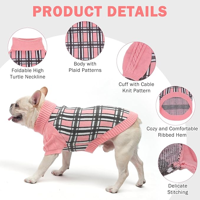 SCENEREAL Turtleneck Dog Sweater for Small Medium Large Dogs Girls Boys, Christmas Plaid Pullover Puppy Sweatershirt, Dogs Cold Weather Outfit Clothes, Ideal Gift for Pet in New Year, Pink Plaid L