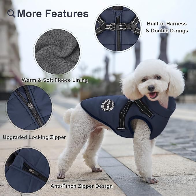 Warm Winter Coat - Fashion Sports Dog Jacket with Built-in Harness, Reflective & Adjustable Comfortable Pet Vest, Waterproof Windproof Apparel for Small Dogs (Navy)