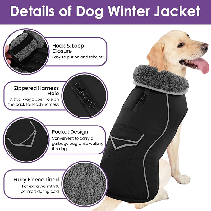 SUNFURA Dog Coat, Warm Dog Coat XXL Puffer Jacket with Harness Hole, Reflective Pet Snow Jacket Turtleneck Fleece Vest for Weimaraner, Labrador, Golden Retriever, Black 2XL