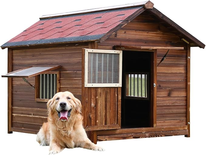 Luxury Pine Wood Dog House Outdoor for Large Breed Dogs with Weatherproof Asphalt Roof,Removable Floor,Lockable Door,Adjust Windows,Dog Kennel Outside Easy to Clean