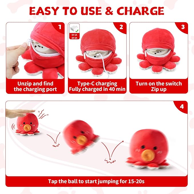 Interactive Dog Octopus Toy, Rechargeable Jumping Plush Toy with Motion Activation for Small Large Dogs, Move Bouncing Ball for Pets Keep Busy Reduce Boredom, No Loud Music (Octopus)