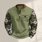 HOTYD Aztec Cowboy Jacket Men Vintage Bullhorn Printed Oversized Western Sweatshirt Long Sleeve Quarter Zip Pullover