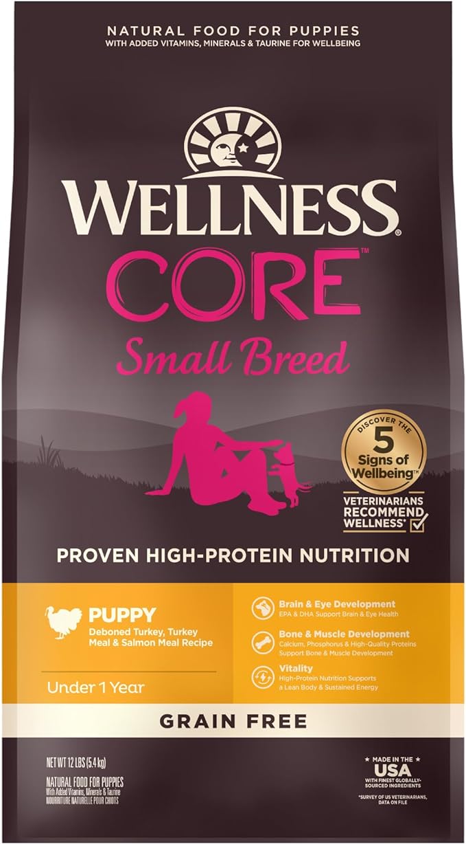 Wellness CORE Puppy Dry Dog Food, Small Breed, Grain-Free, High Protein, Natural, Turkey & Salmon Recipe, (12-Pound Bag)