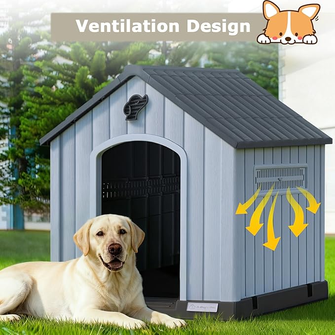 PUKAMI Large Dog House Outdoor Indoor, Plastic Dog House Weatherproof for Large Dogs, Study Puppy Shelter with Air Vents and Elevated Floor, Easy Clean and Assemble (Grey, 31.5"D x 33.5"W x 33.9"H)