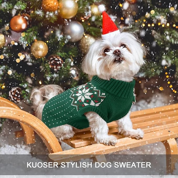 Kuoser Dog Sweater, Holiday Christmas Snowflake Pet Warm Knitwear Dog Sweaters Soft Puppy Clothing, Doggie Turtleneck Cold Weather Outfit Pullover for Small Medium Large Dogs Cats, Green L