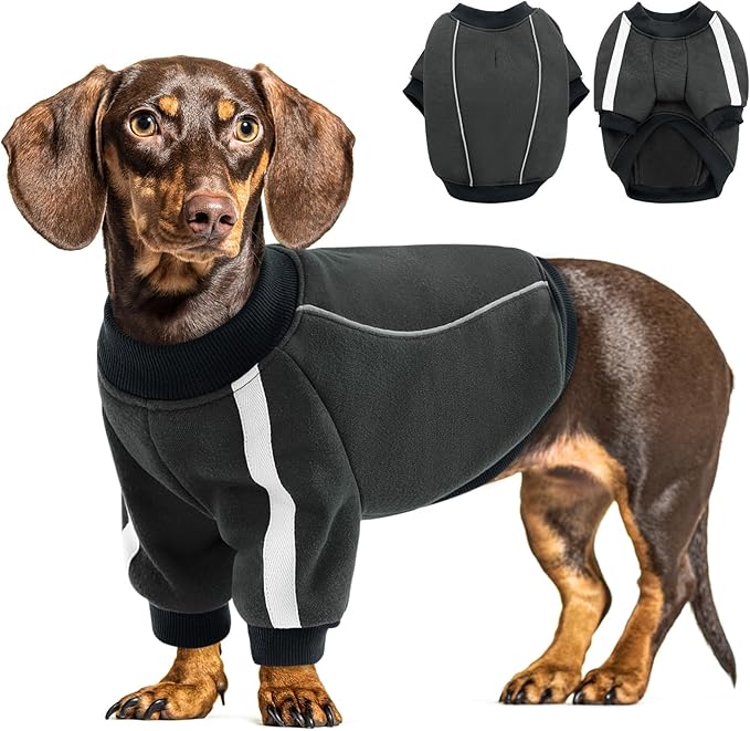 Queenmore Fleece Dog Sweater for Male Dogs, Soft Pullover Dog Sweatshirt with Leash Hole/Reflective Stripes – Cozy Winter Fleece Jacket for Small Medium Large Boy Puppy, Grey XXL