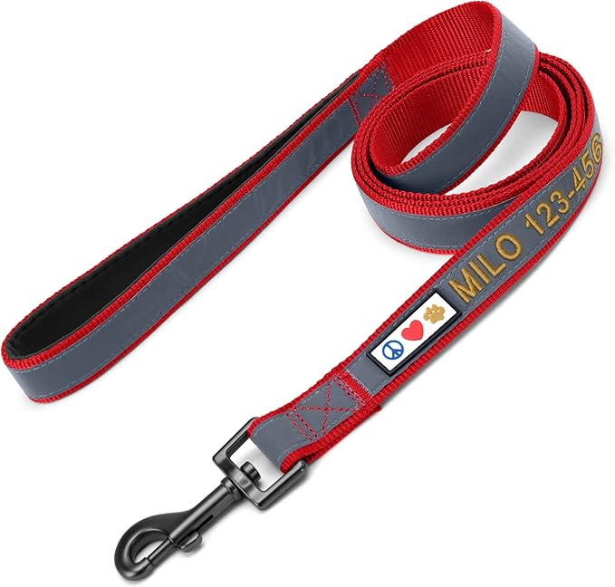 Pawtitas Personalized Dog Leash Embroidered Customize Your Pet Name & Phone Number Puppy Reflective 6 ft Long Large Red Custom Tag Name, Red Reflective 🔦 Padded
