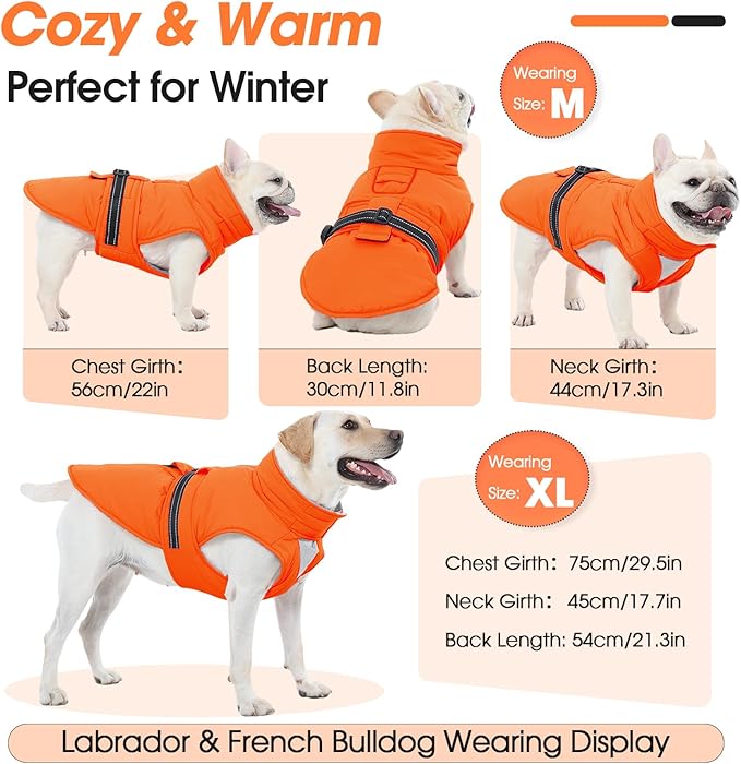 XL Dog Coat, Warm Dog Winter Jacket, Waterproof Dogs Snowsuit with Foldable High Collar, Reflective Strips, Leash Hole, and Adjustable Hook & Loop Closure - Ideal for Cold Weather - Orange XL