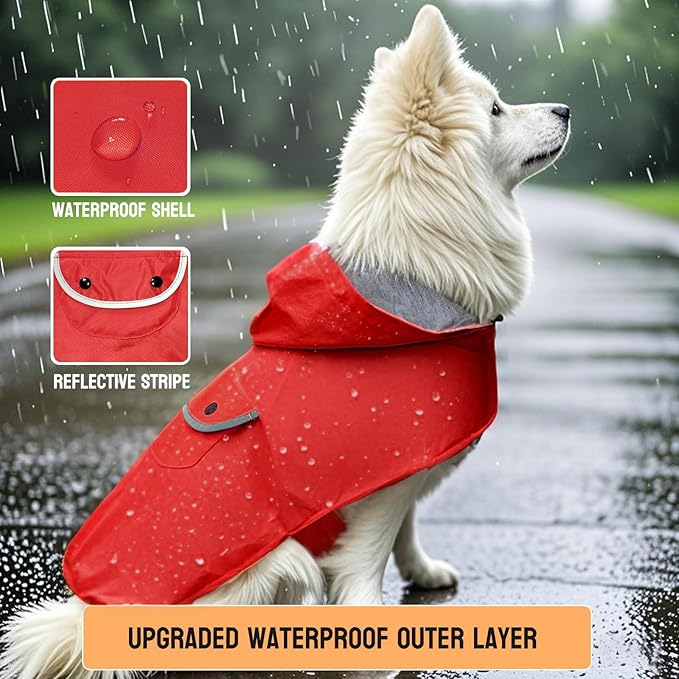 Dog Raincoat Dogs Rain Jacket Reflective Poncho Rainwear Waterproof Pet Clothes Warm Lined Pocket Hooded Leash Hole Adjustable Medium Dogs,Red,XXXL,Back Length 20.0 Inch