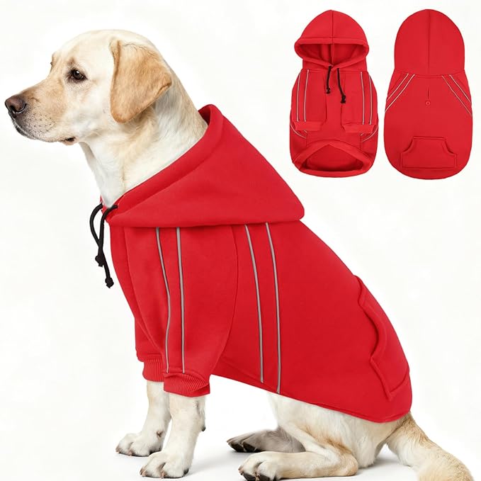 ASENKU Cozy Dog Hoodie，Soft Sweater with Adjustable Hood, Back Pocket and Leash Access Hole，Warm Reflective Sweatshirt for Cold Weather（Red，XL