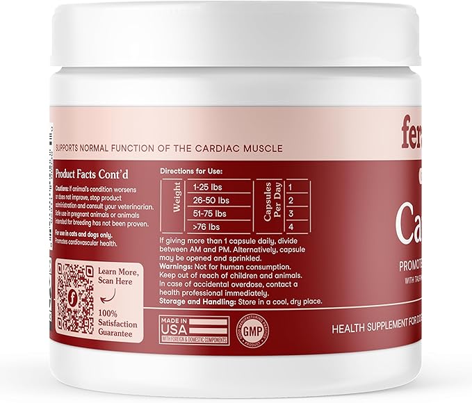 Fera Pets Cardiac Support - Cat & Dog Heart Supplement with Taurine, L-Carnitine, & CoQ10 - Promotes Normal Circulation and Heartbeat - 60 Capsules